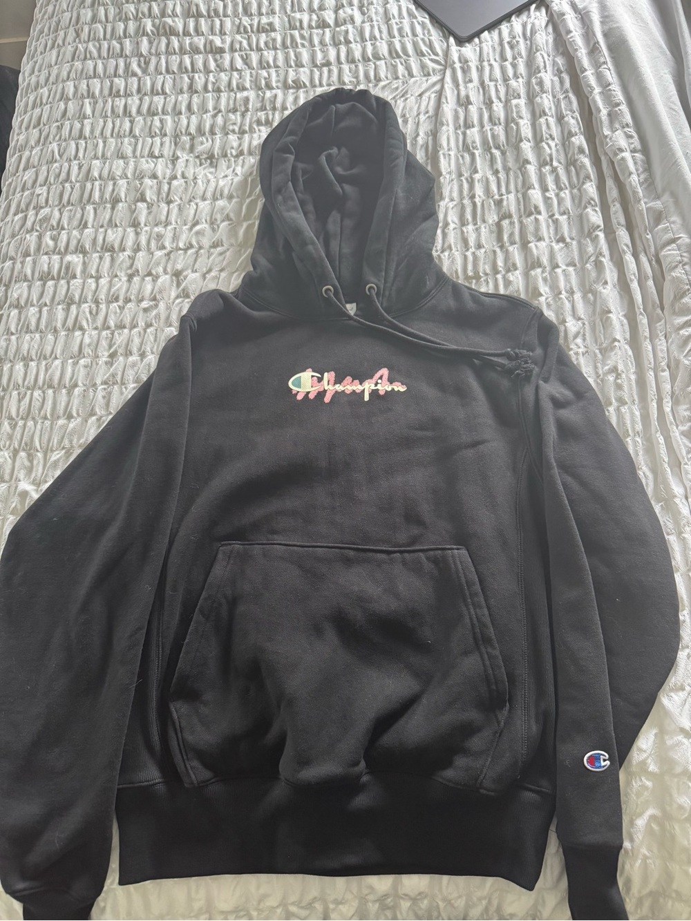 Champion Black Hoodie with Pink and Green Script Logo